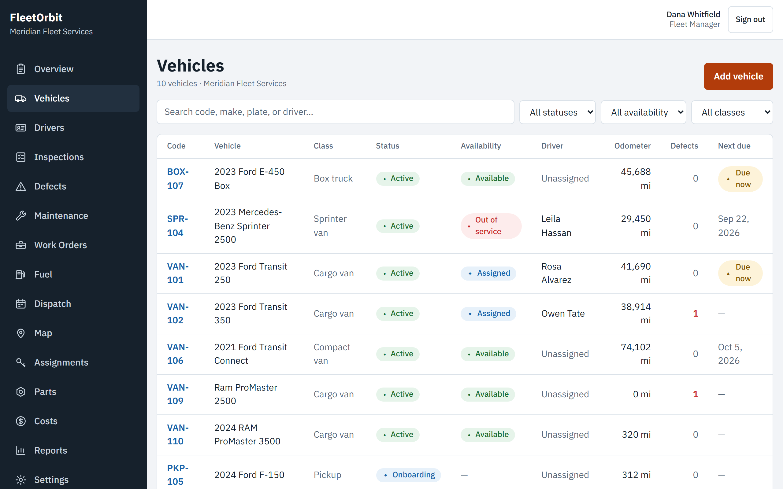 Fleet register with real custody — live demo
